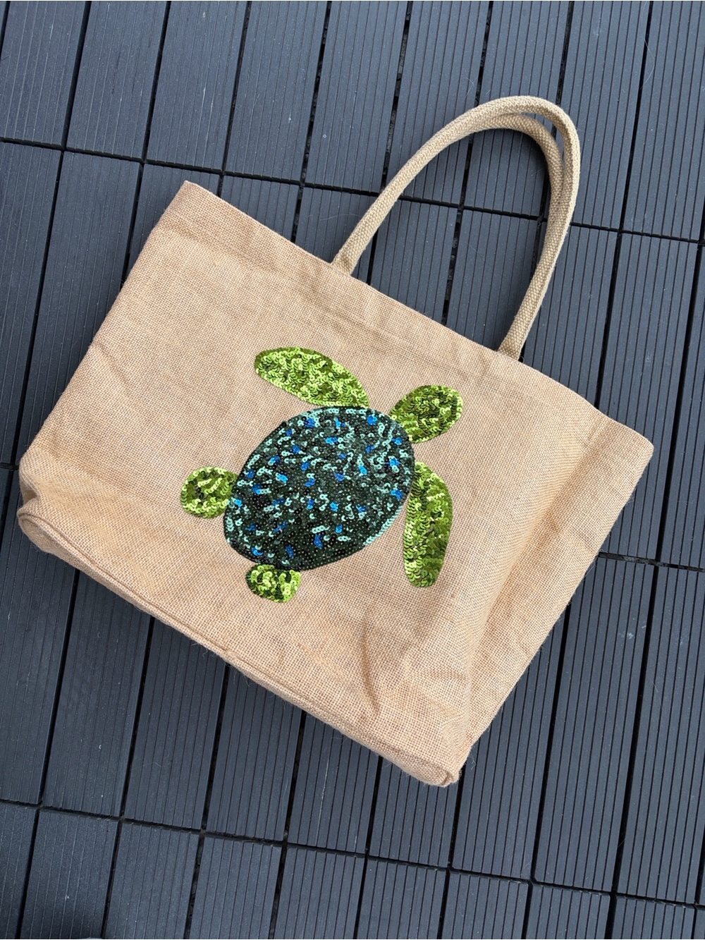 Sequin Turtle Jute Tote Bag